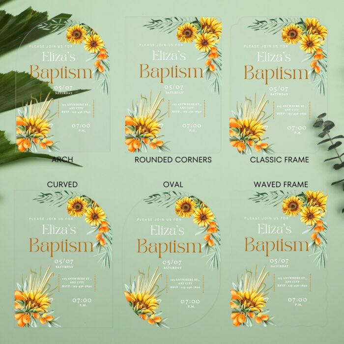 Yellow Watercolor Sunflowers Floral Clear Baptism Invitation DSBA19-3