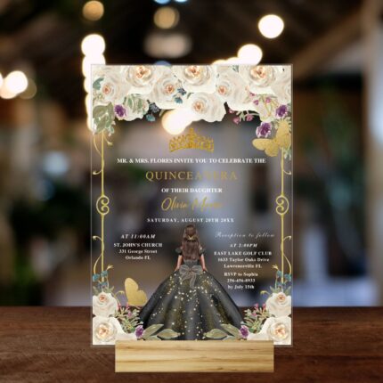 Champagne and Black Floral and Princess Acrylic Sweet 15 Invitation Card DSQI06