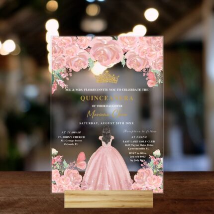 Dusty Rose Princess and Butterfly Acrylic Quinceañera Invitation DSQI04