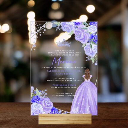 Lavender Spanish Glitter Princess Acrylic Quinceañera Invitation DSQI02