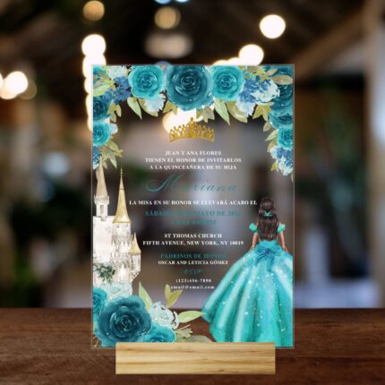 Teal Princess and Castle Acrylic Sweet 15 Quinceañera Invitation Card DSQI07