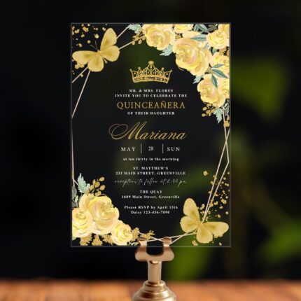 Yellow Glitter Flowers and Butterflies Acrylic Quinceañera Invitation DSQI03