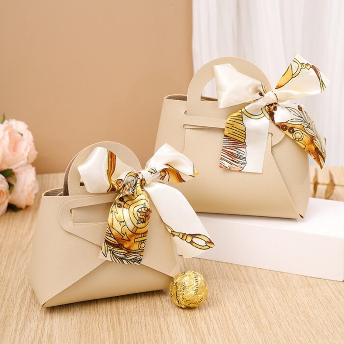 Beige Faux Leather Favor Gift Bag for Wedding, Engagement, Bridal Shower and Party DSFAV11