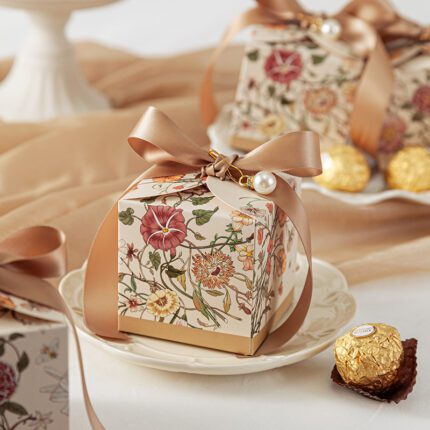 Champagne Vintage Floral Print Paper Candy Favor Box with Pearl and Ribbon DSFAV05