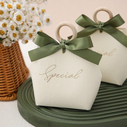 Olive Green Embossed Gift Favor Bag with Gold Foil Flower DSFAV15