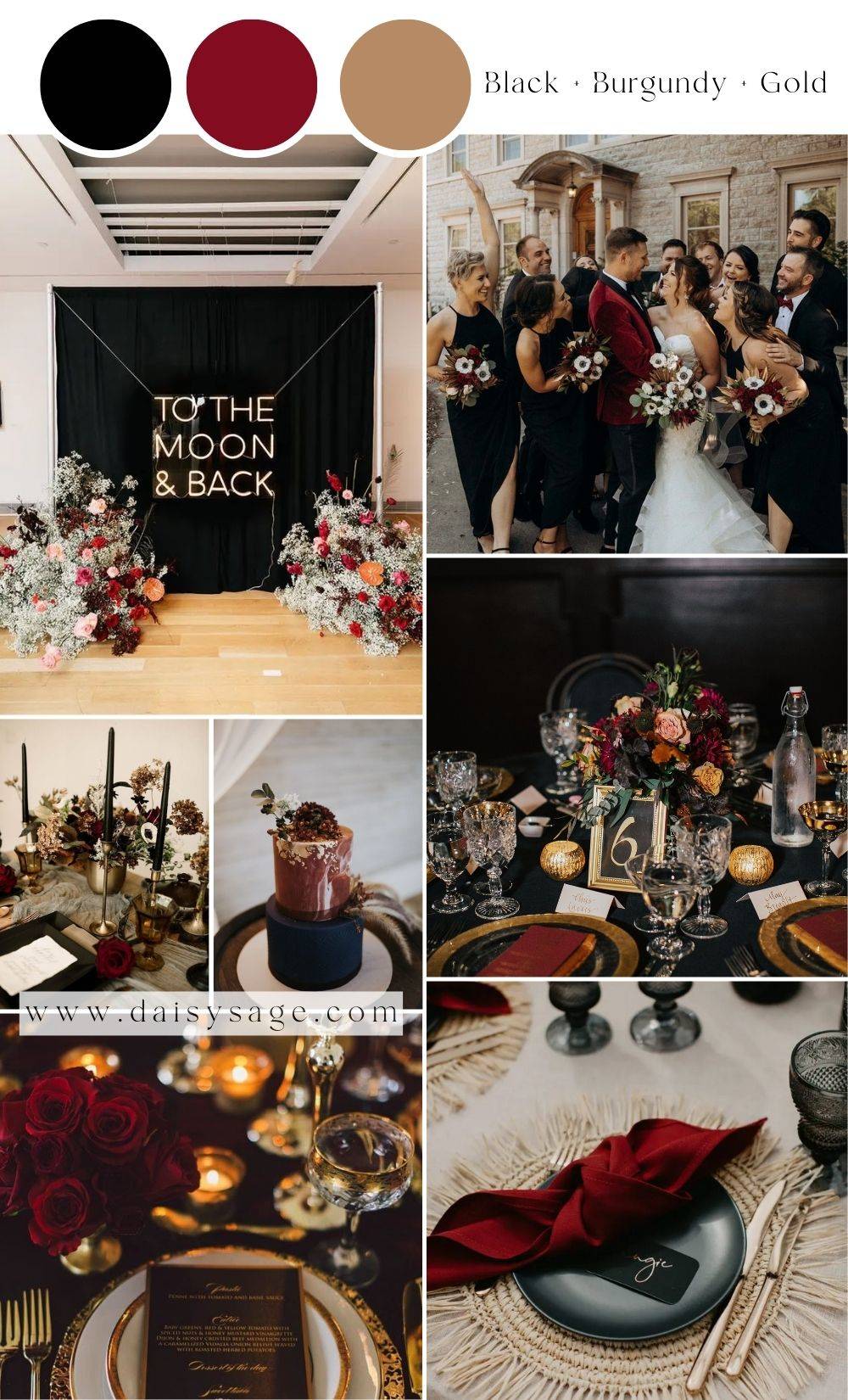 Black and Burgundy and Gold wedding color theme idea