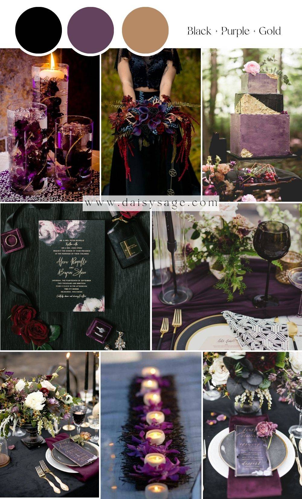 Black and Purple and Gold wedding color scheme idea