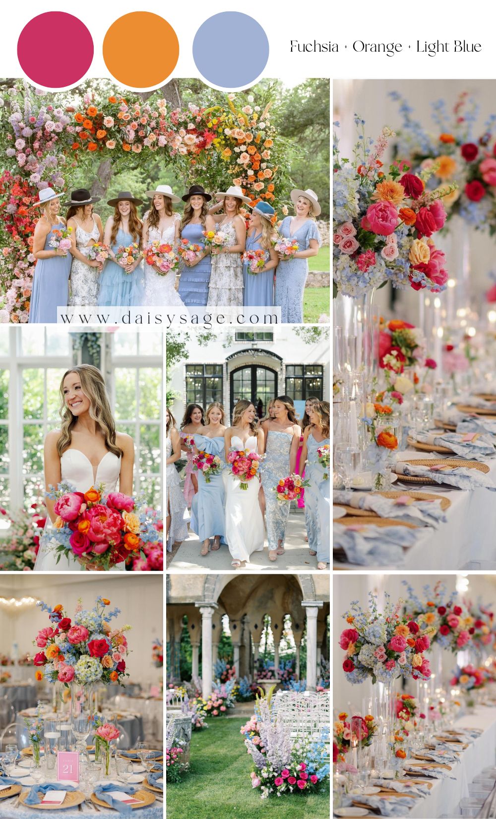 Fuchsia orange and light blue wedding color scheme